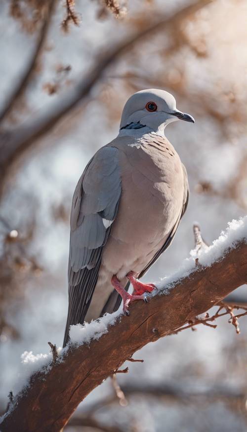 Eine graue Taube sitzt auf dem Ast eines braunen Winterbaums.