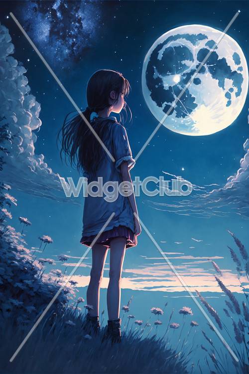 Moonlit Night with Girl Gazing at the Sky