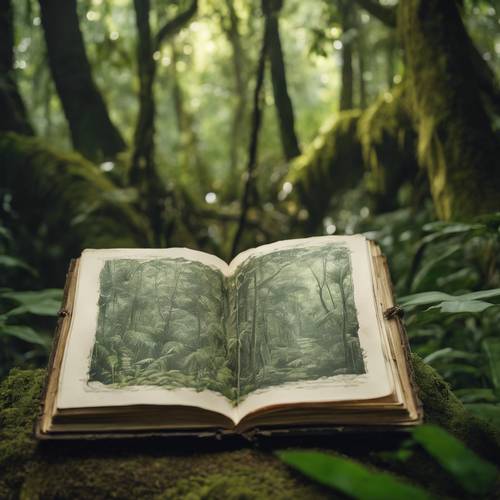 A worn-out, antique book of jungle-themed sketches left open in a dense, green forest.