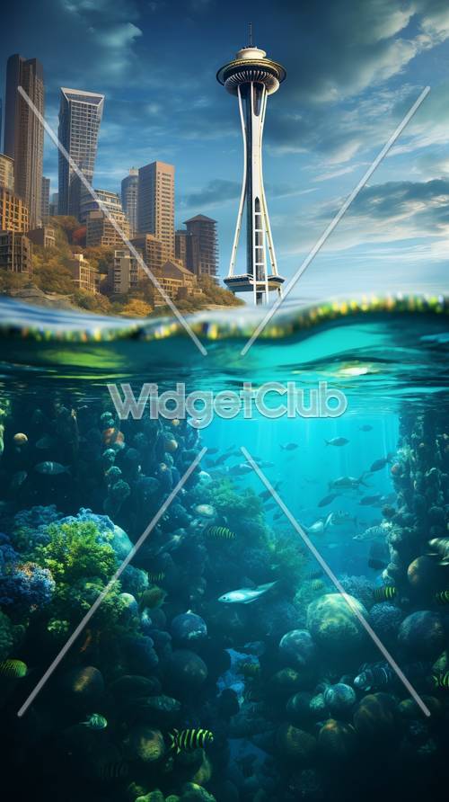 Scena miasta nad i pod wodą