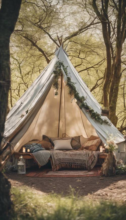 Uma barraca estilo boho montada em uma floresta para uma experiência de acampamento na primavera.