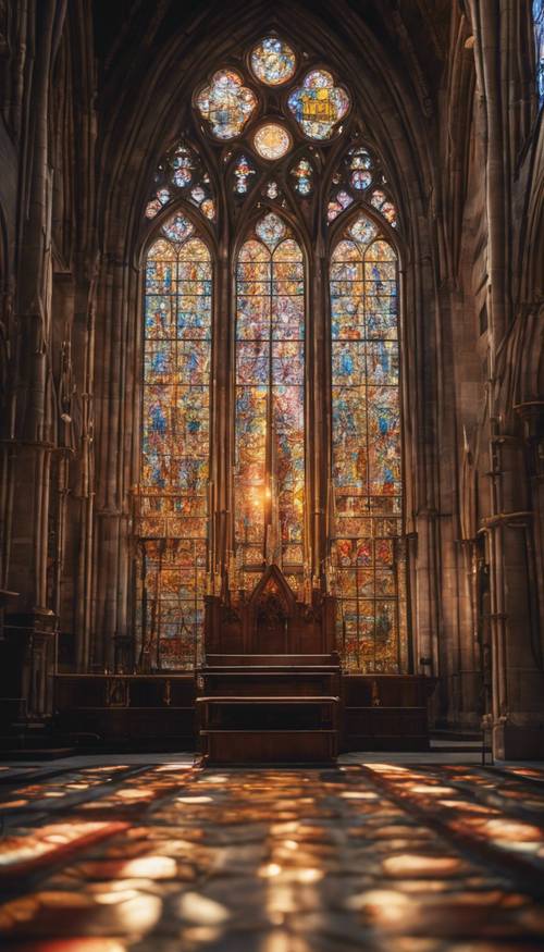 Podświetlony witraż w gotyckiej katedrze, słońce rzucające eteryczne, kolorowe światło na ławki poniżej.
