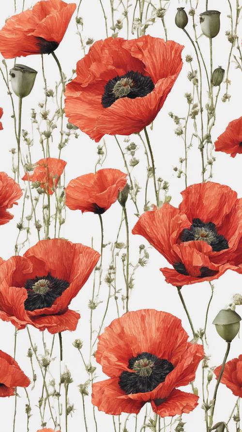 A pretty floral pattern filled with vibrant poppies blooming against a crisp white background.