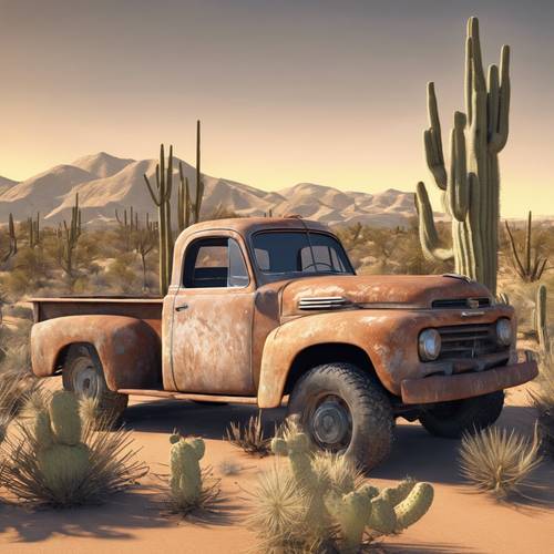 Sebuah truk pickup tua berkarat yang ditinggalkan di gurun dengan kaktus di latar belakang.