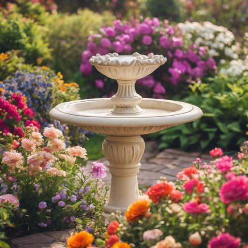 Una vasca per uccelli vintage in marmo color crema, immersa tra fiori colorati in un giardino fiorito.