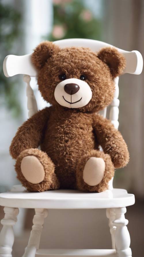 Ein unglaublich süßer und flauschiger brauner Teddybär, der auf einem weißen Schaukelstuhl sitzt.