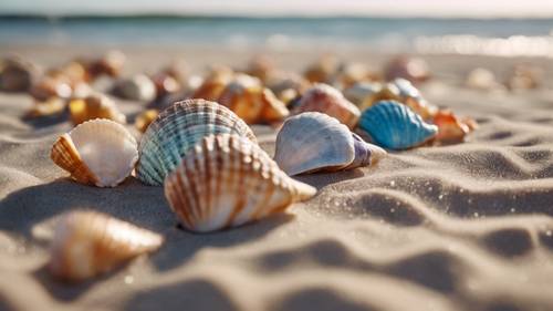 Eine Parade bunter Muscheln, aufgereiht an einem Sandstrand neben einem ruhigen Meer.