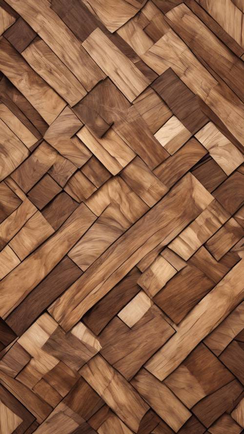 Ein abstraktes Muster aus ineinandergreifenden Holzmaserungen in sattem Braun und Hellbraun.