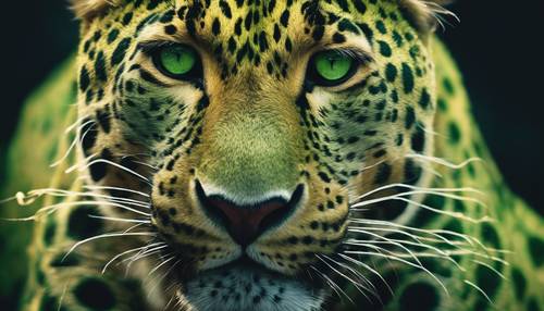 A surreal image of a green leopard with glowing eyes against a dark background. Wallpaper [201effaa483e48dd8fe6]