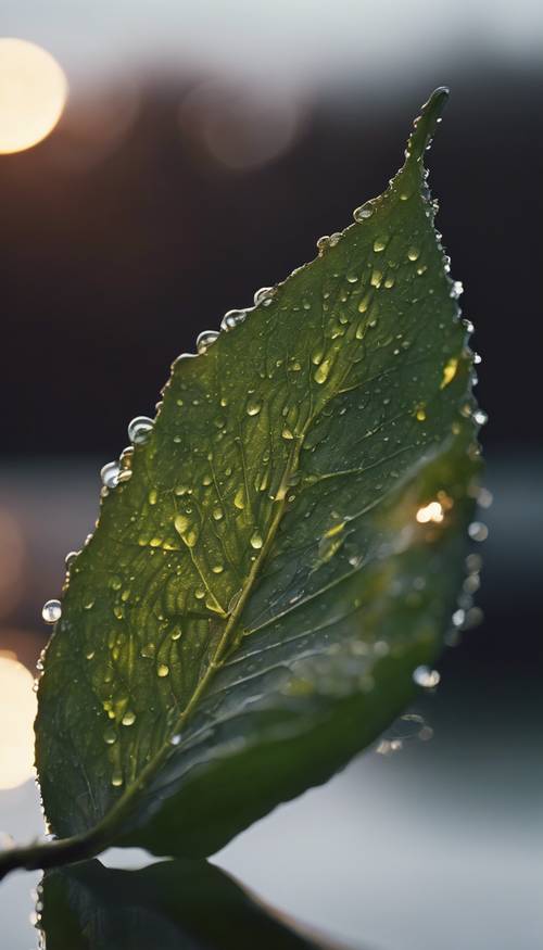 A thin, dew-soaked leaf as night falls, reflecting the moon's soft glow.