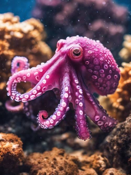 一隻鮮豔的粉紅色章魚在深藍色的大海中游泳。
