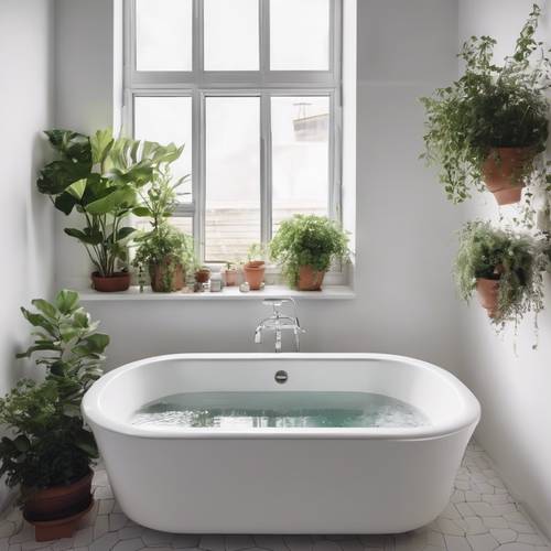 Чисто белая ванная комната с глубокой ванной, установленной под окном и горшками с растениями вокруг.
