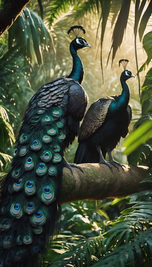 Più pavoni neri riposano tra il lussureggiante fogliame della giungla al crepuscolo.