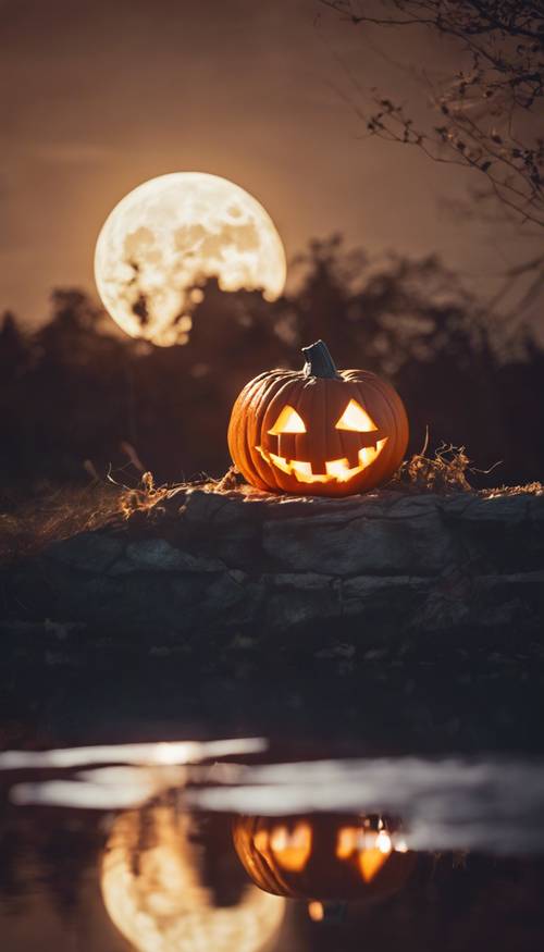 A jack-o'-lantern glowing warmly against the backdrop of a full moon on Halloween.