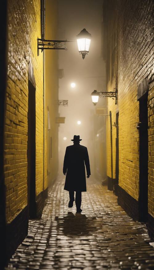 Uma cena estilística noir de um detetive particular caminhando por um beco solitário de tijolos amarelos em uma noite de neblina.