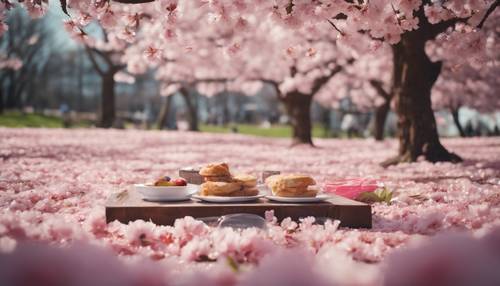 Un picnic minimalista bajo un cerezo en flor, con pétalos rosados cayendo lentamente de sus ramas y vientos primaverales arremolinándose alrededor.