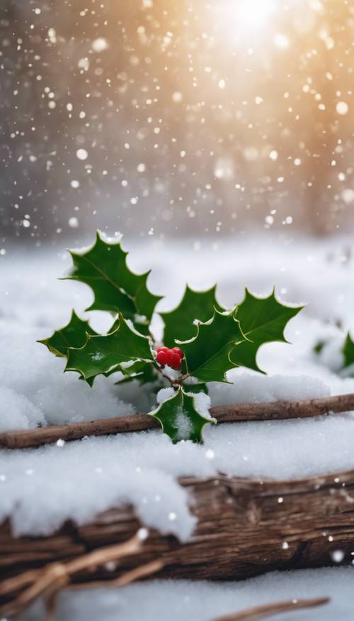 Grüne Stechpalmenbeeren ruhen im Schnee auf einer Holzoberfläche.