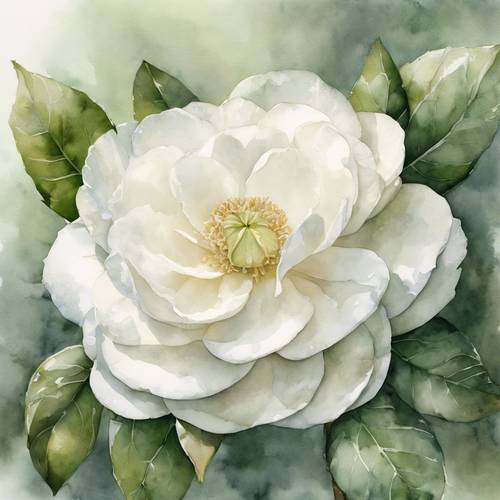 一幅浪漫柔和的水彩画，描绘的是一朵带有一丝绿意的白色山茶花。