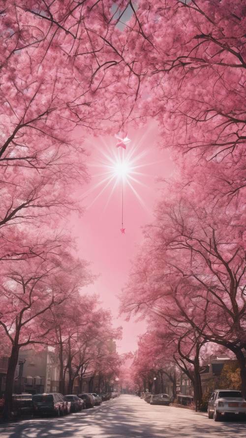 독특한 핑크색 별이 높이 매달려 있는 대낮의 하늘 이미지.