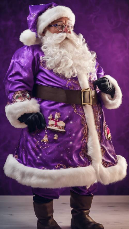 Fantazyjny fioletowy strój Świętego Mikołaja, ozdobiony dziwacznymi naszywkami o tematyce bożonarodzeniowej.
