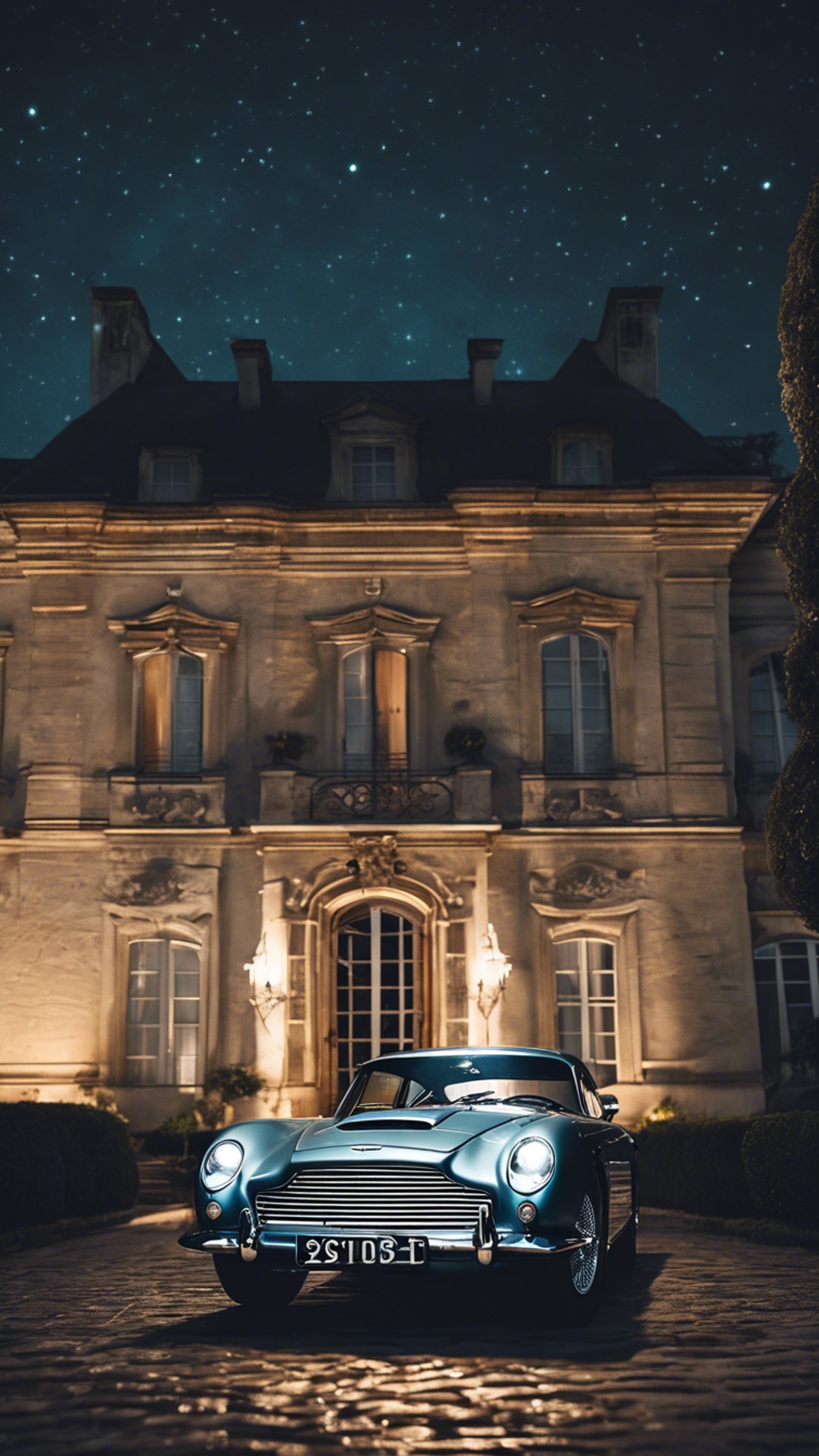 An Aston Martin DB5 under the night sky, parked in front of a luxurious French chateau. 벽지[481d4699df504b519845]