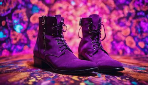 迷幻背景下的复古紫色绒面靴。
