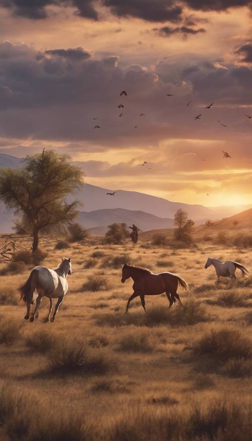 Деревенский западный пейзаж на закате, со свободно бегущими дикими лошадьми.