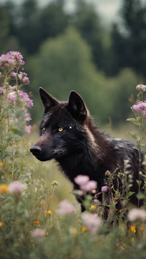 Un giovane lupo nero che annusa con curiosità un fiore selvatico in fiore.