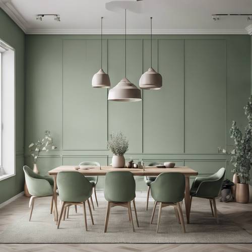 Минималистичная столовая шалфейно-зеленого цвета со скандинавским дизайном