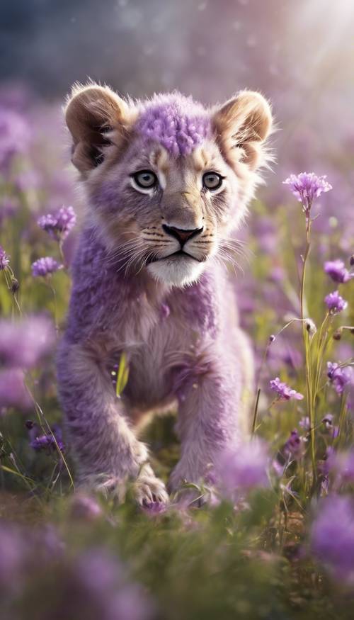 Scena fantasy przedstawiająca młode fioletowe lwiątko bawiące się na wiosennej łące.