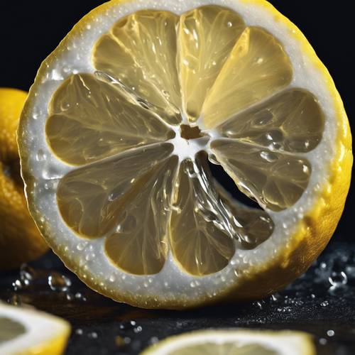 A still life shot of a lemon, half-peeled and glowing against a dark backdrop. Taustakuva [a992e064c94c4459aafe]