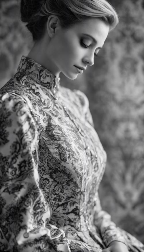 Kadınsı silüet Viktoryen elbise üzerine gri tonlamalı damask baskı.