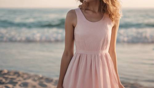 Gaun musim panas berwarna merah muda muda bergaya preppy tergantung di stand di pantai dengan latar belakang laut.