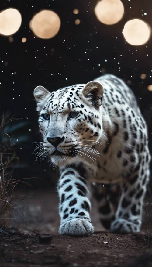 A white leopard prowling on a moonlit night, its fur reflecting the faint glow of the moon. Wallpaper [ec2ad0e446da456c9227]