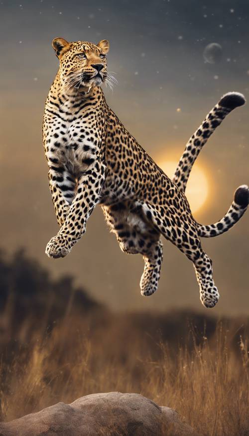 Um gracioso leopardo saltando contra o pano de fundo de uma lua nascente.