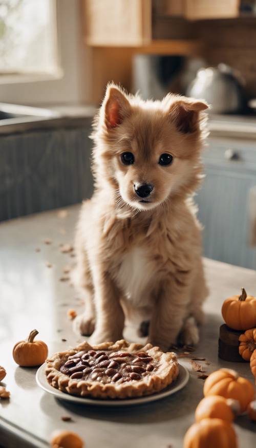 A cute puppy and a kitten trying to reach a Thanksgiving pie kept on the kitchen counter.