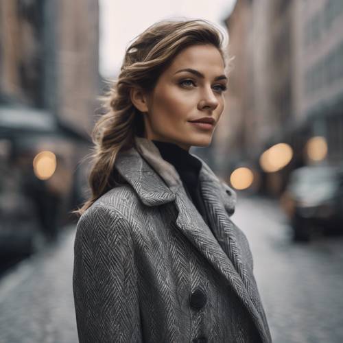 A stylish woman wearing a gray herringbone coat in a cityscape.