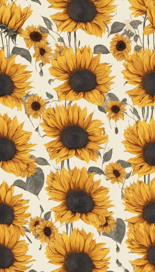 Pola bunga matahari yang mulus, penuh dengan warna kuning cerah, dan oranye dengan bagian tengah gelap, tersebar secara acak pada latar belakang gading yang lembut.