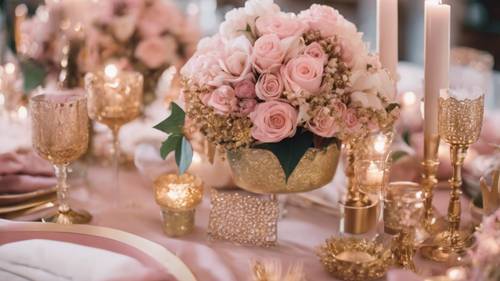 Dekorasi pernikahan bertema pink dan emas halus dengan bunga dan aksen metalik.