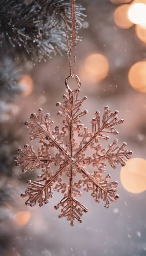 Nahaufnahme eines zarten Schneeflockenornaments aus Roségold, das an einem Baum hängt.