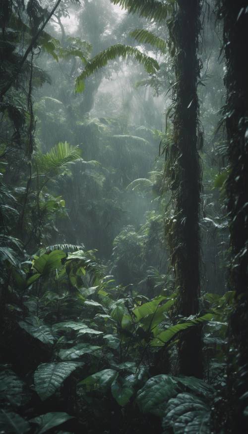 A misty and mysterious rainforest with dense foliage and towering trees dripping with rain.