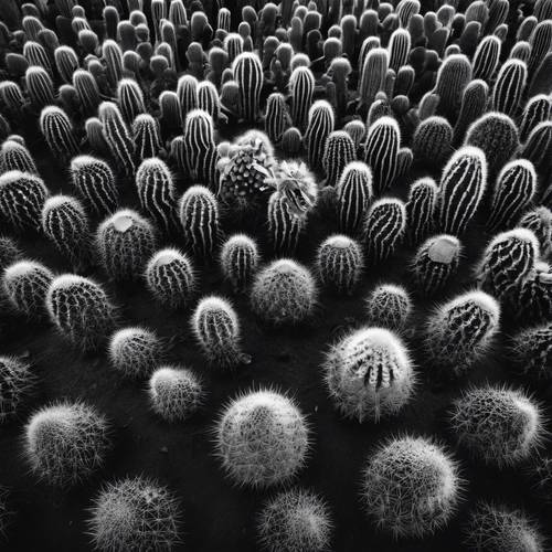 Une vue aérienne en noir et blanc d’un champ de cactus.