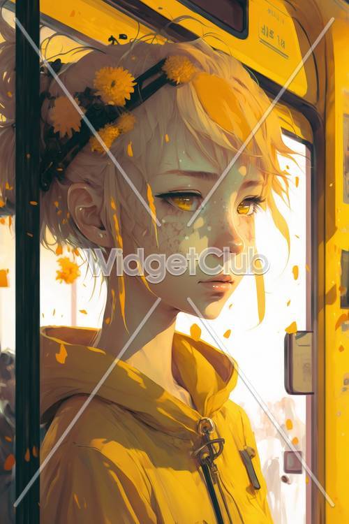 黄色い花が描かれた秋の少女アート