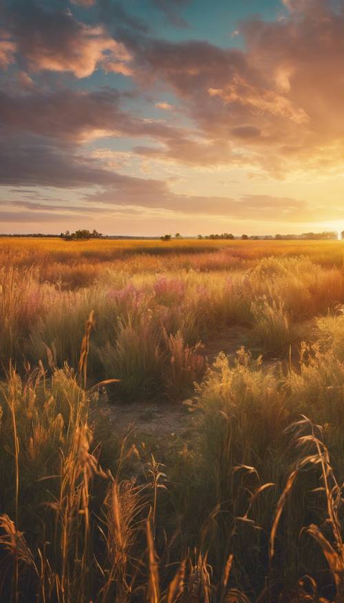 A panoramic view of a vibrant, wild prairie with a golden sunset in the background.
