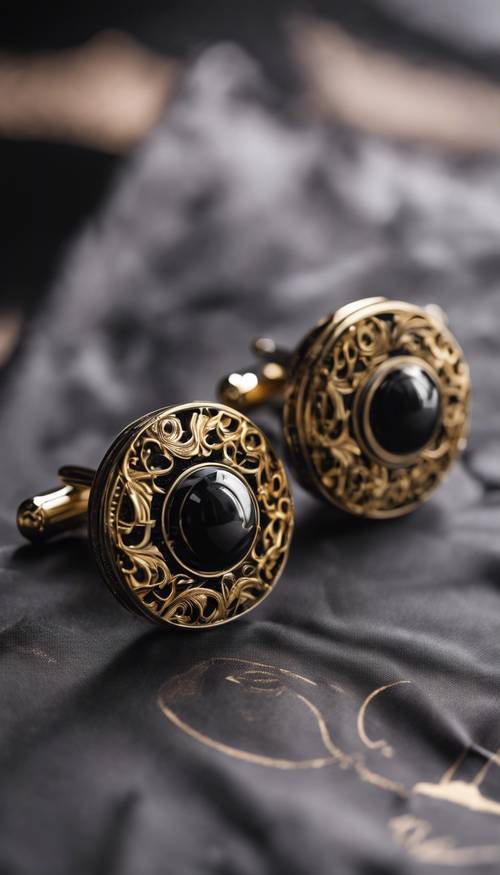 A pair of highly detailed black and gold cufflinks. Tapeta [09823dfcb68641478a58]