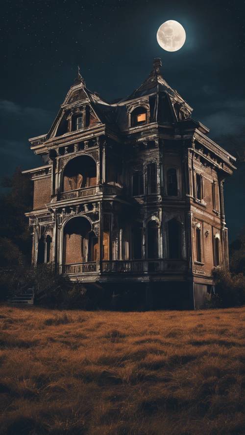 An abandoned Victorian mansion silhouetted against the full moon
