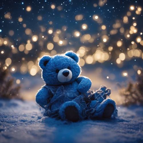 Un ours bleu angélique allongé sous le ciel nocturne, observant les étoiles.