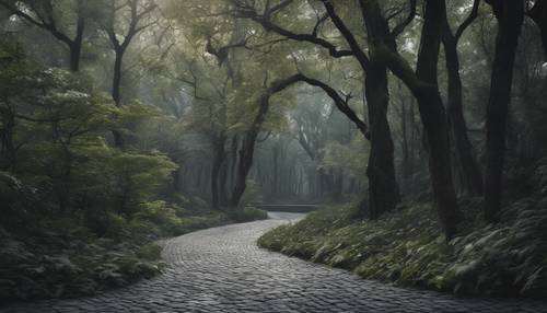 A dark gray brick road meandering through a tranquil forest.