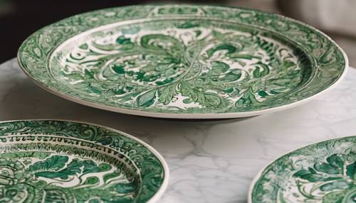 Hand-painted green paisley patterns thriving on a ceramic dinner plate. Wallpaper [5bf901875dba4222aed1]