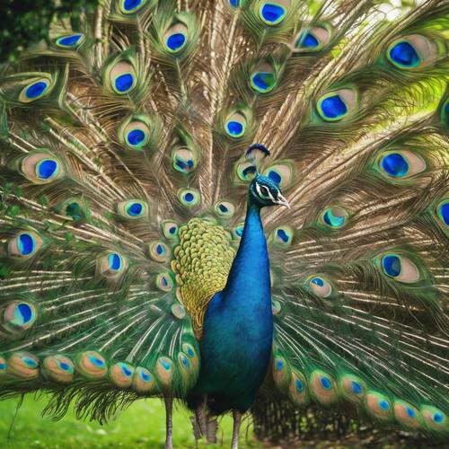 一只骄傲的孔雀在郁郁葱葱的皇家花园中炫耀着它鲜艳的羽毛。